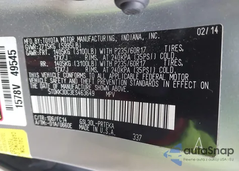 2014 Toyota Sienna Le V6 8 Passenger z USA, uszkodzony, nr VIN 5TDKK3DC3ES463649